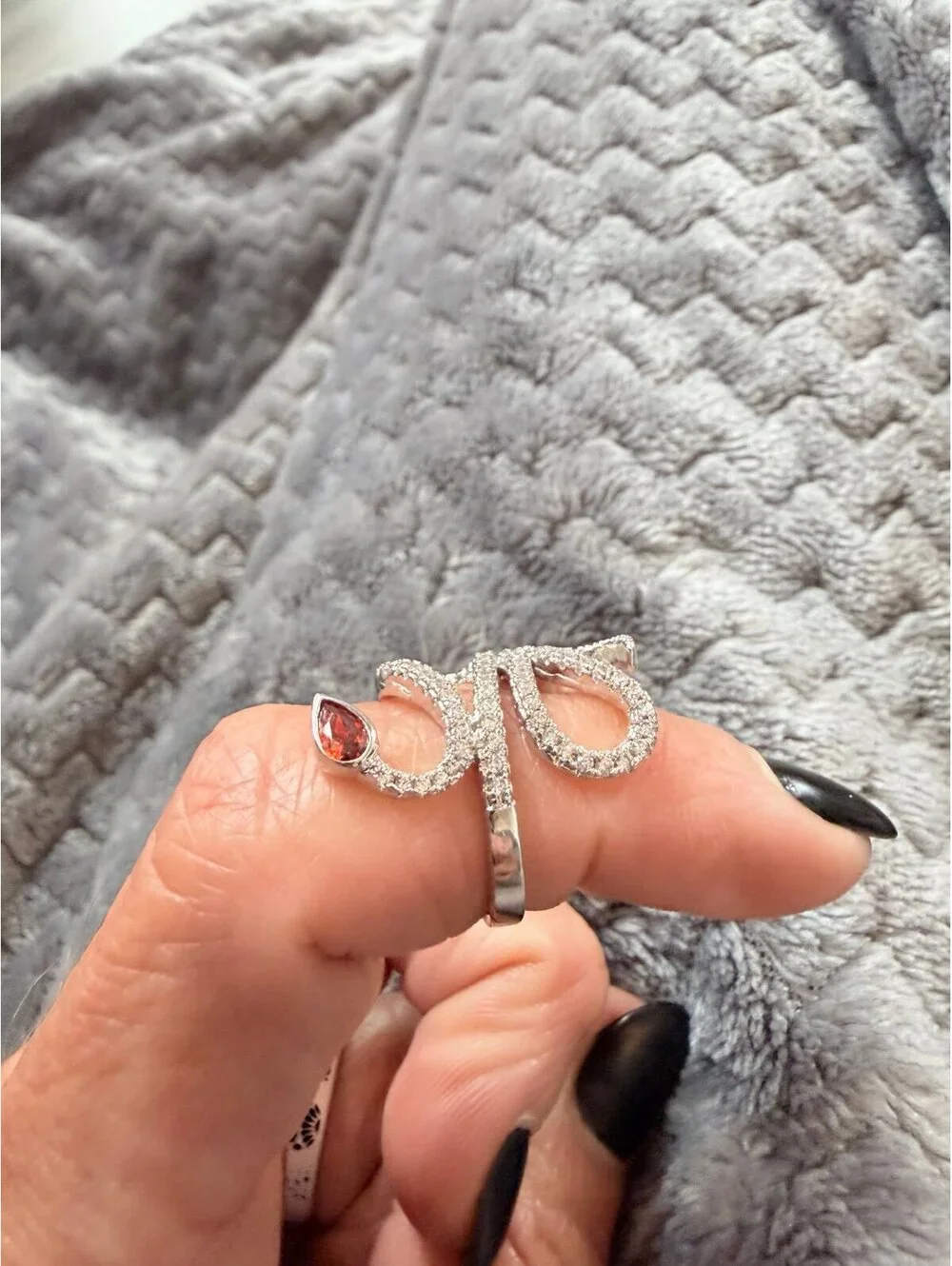 Fragrant Jewels Snake Wrap Ring Silver Tone CZ Red Pear Stone